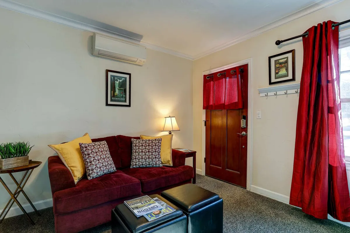 A welcoming living area featuring a plush sofa adorned with decorative pillows, a side lamp, and a leafy plant, all arranged to create a cozy and inviting atmosphere. The décor hints at thoughtful curation, with light filtering in through the nearby door, and a warm, homey vibe throughout.