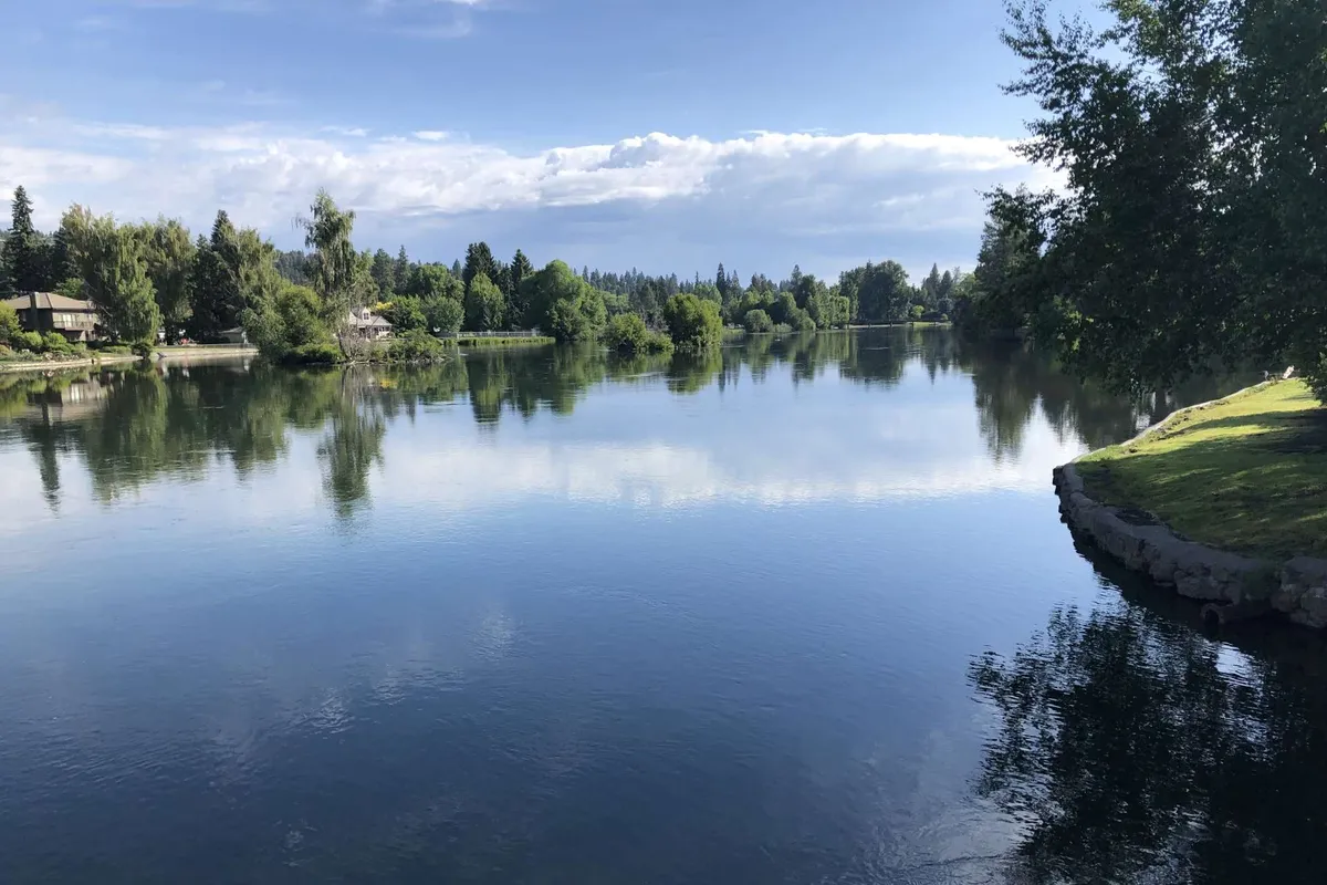 A tranquil view of calm water bordered by lush greenery and distant trees, with beautiful reflections enhancing the serene scene. A few people enjoy boating, fishing, or relaxing by the water's edge, evoking a spirit of relaxation and community.